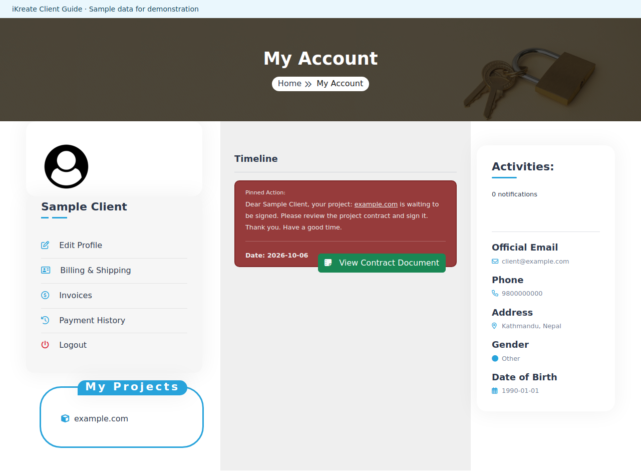Find your way around My Account — example client page