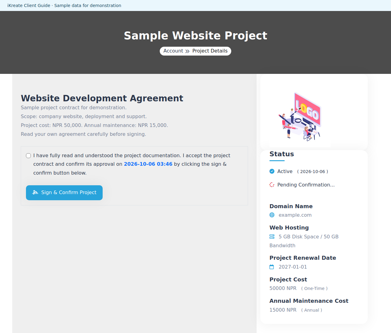Review and sign your project contract — example client page