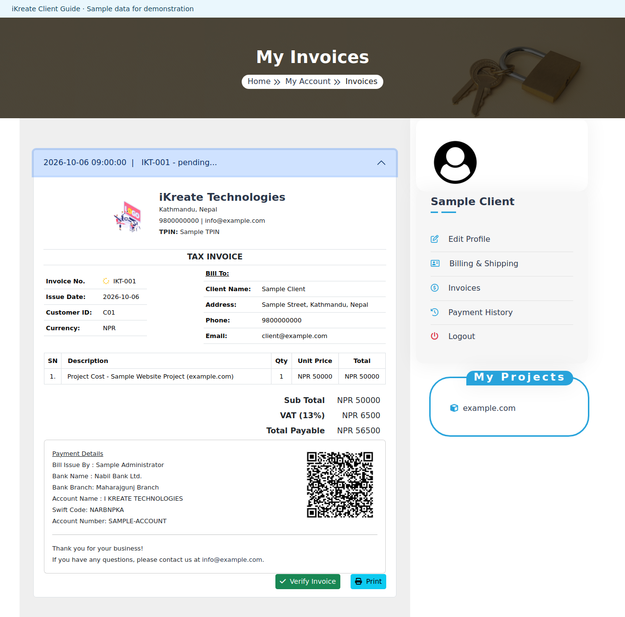 Review and verify an invoice — example client page