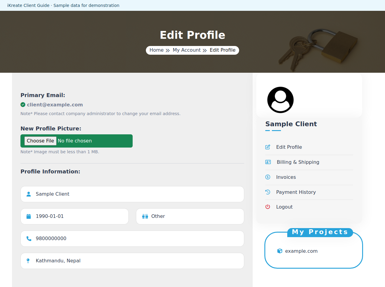 Update your profile and photo — example client page