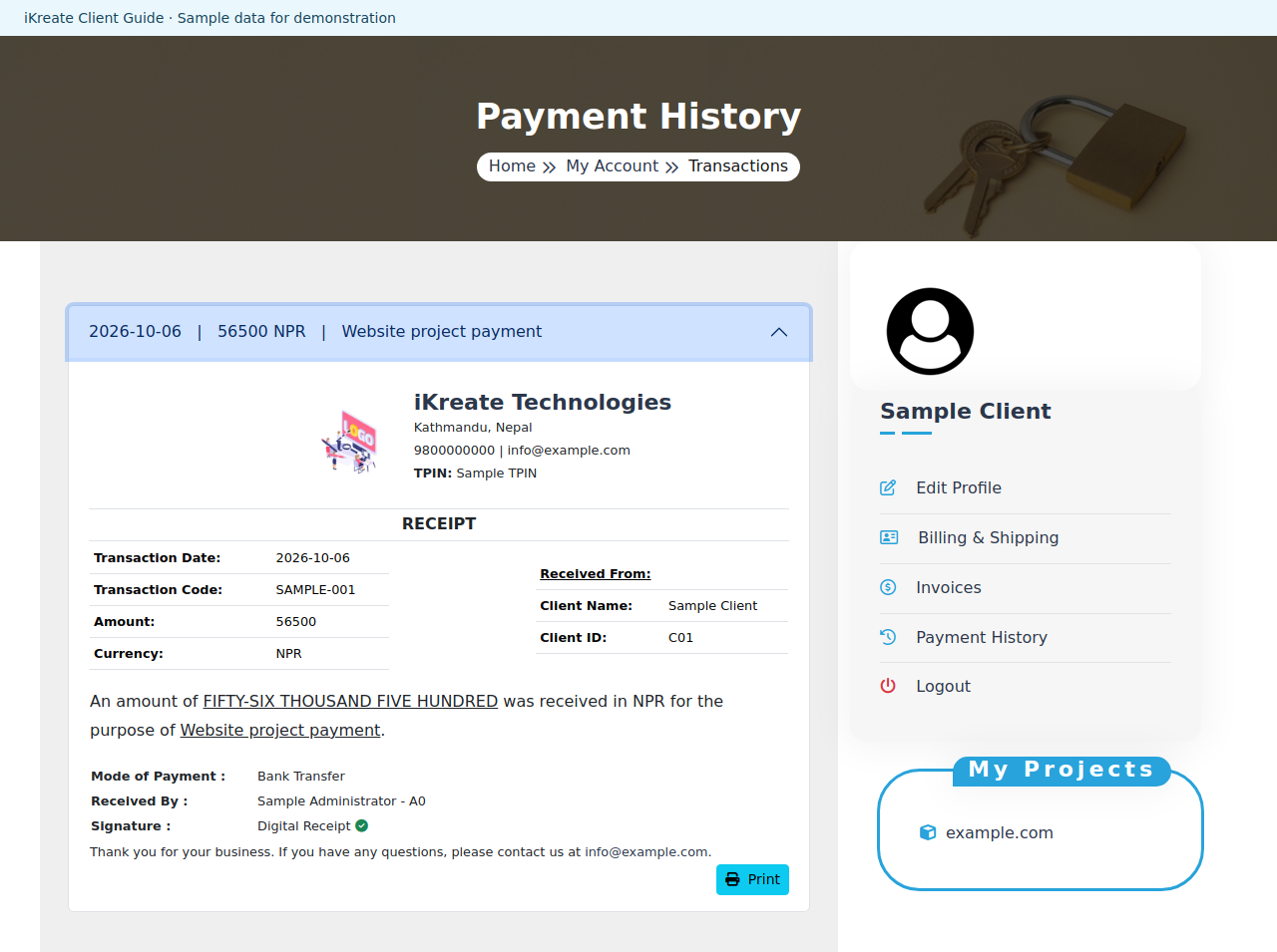 View payment receipts and transactions — example client page